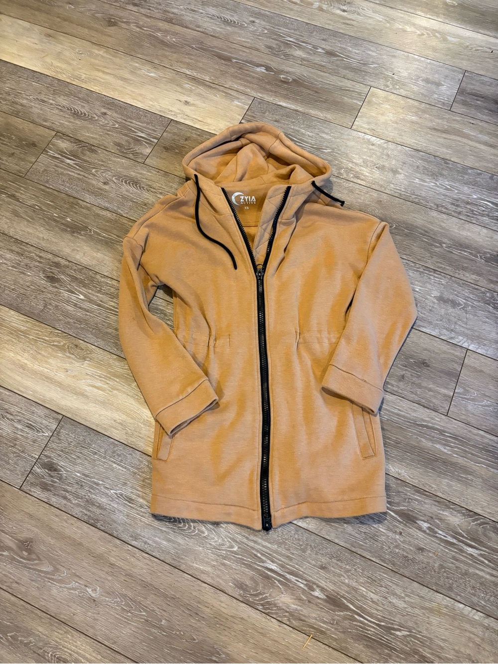 ZYIA Hooded Long Jacket with cinch waist  in Camel